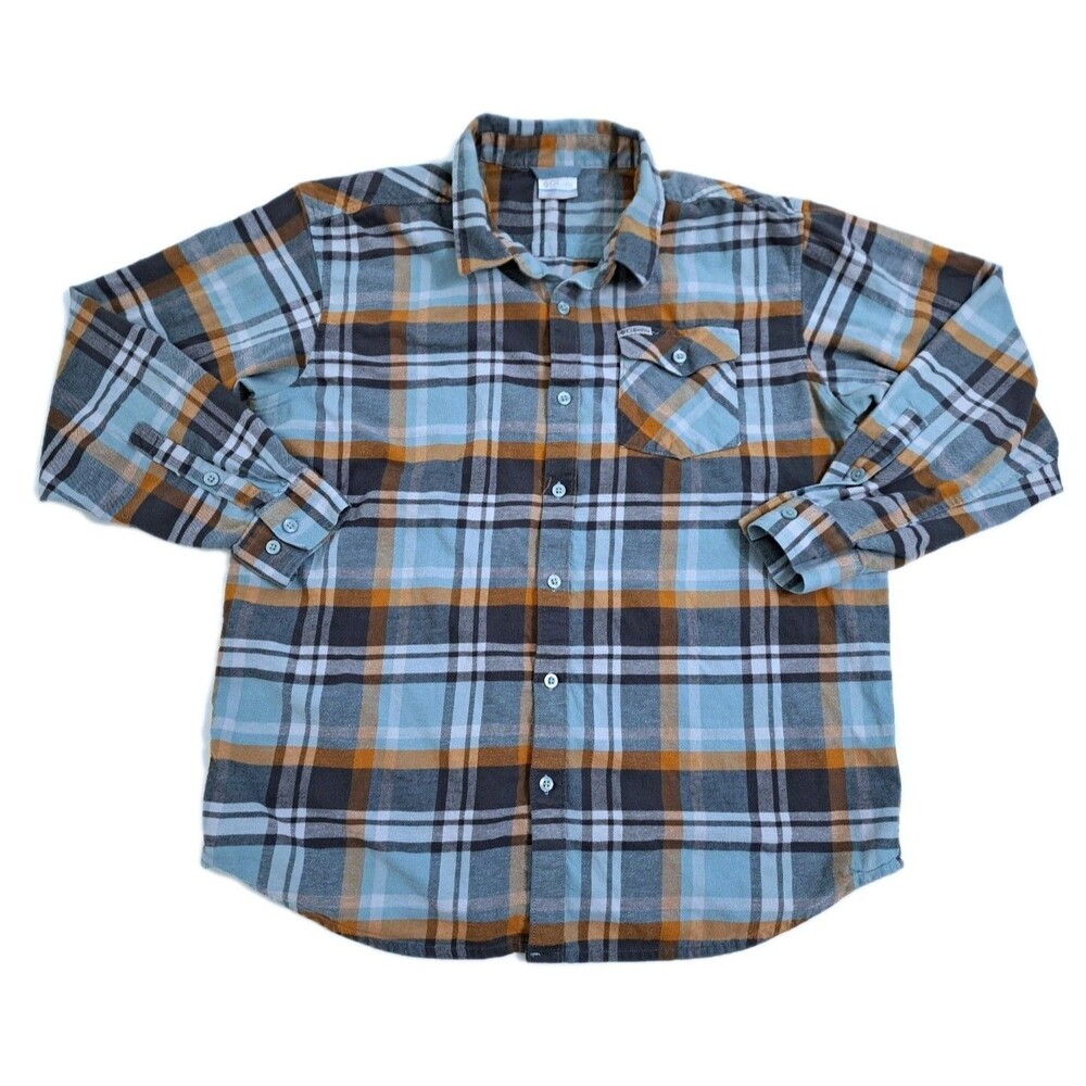 Columbia Mens XL Flannel Plaid Shirt Blue Orange Gray Button Long Sleeve